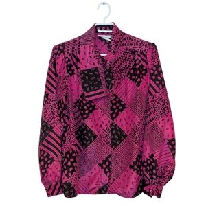 Vintage Hot Pink & Black Abstract Print Silky Button Down Blouse Size 10